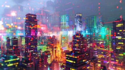 Futuristic city skyline at night with neon lights