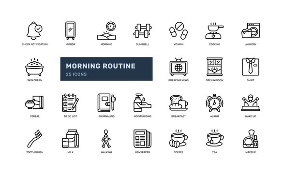 morning routine activity daily schedule everyday detailed line icon set
