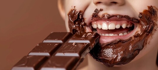 Young girl delightfully eating chocolate with a messy face, enjoying a sweet treat