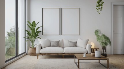 mock up poster frame in modern interior background, vertical wooden frame mockup in scandi style interior, empty neutral white wall background, 3D render, 3D illustration