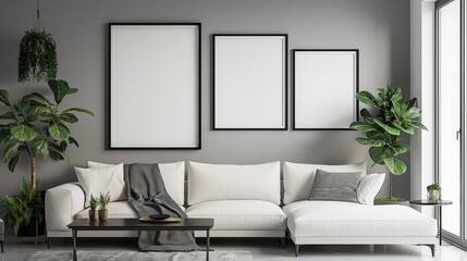 mock up poster frame in modern interior background, vertical wooden frame mockup in scandi style interior, empty neutral white wall background, 3D render, 3D illustration