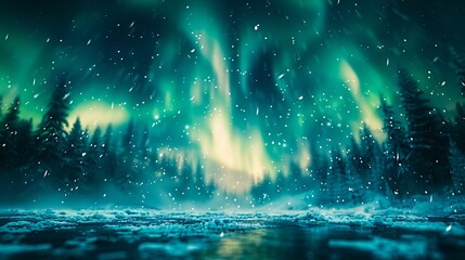 Aurora borealis lights over a snowy forest.