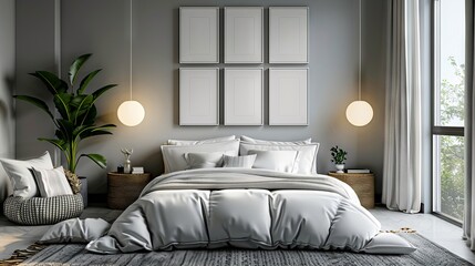 A modern bedroom with white walls and grey furniture.