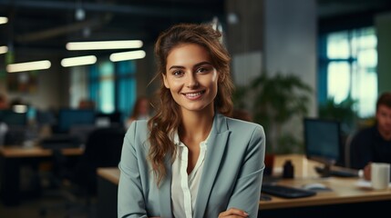Obraz premium portrait of a young hispanic woman smiling in the office, businesswoman looking at camera with a beautiful smile