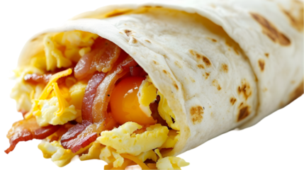  An inviting breakfast burrito with eggs, bacon, and cheese, half unwrapped to showcase its fillings, transparent background