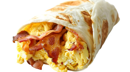  An inviting breakfast burrito with eggs, bacon, and cheese, half unwrapped to showcase its fillings, transparent background