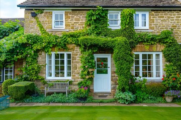 A stone house with green vines on the outside.