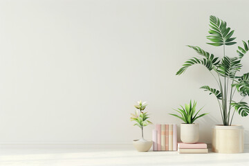 Interior wall mockup with plants in pots and pile of books standing on on empty white background. 3D rendering illustration.