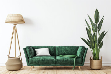 Interior wall mockup with green velvet sofa snake plant in basket and standing lamp on empty white background. Illustration 3d rendering