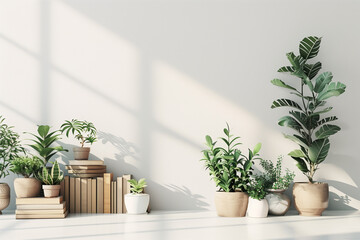 Interior wall mockup with plants in pots and pile of books standing on on empty white background. 3D rendering illustration. - Powered by Adobe