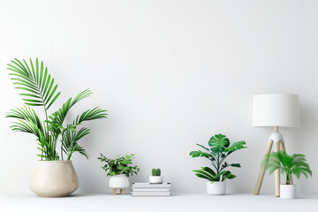 Interior wall mockup with plants in pots lamp and pile of books standing on empty white background. 3D rendering illustration.