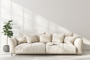 Interior wall mockup with sofa and beige pillows on empty white living room background. 3D rendering illustration.