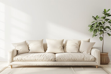 Interior wall mockup with sofa and beige pillows on empty white living room background. 3D rendering illustration.