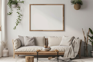 Horizontal poster mockup with wooden frame eucalyptus branches in vase and brass candle holders on empty white wall background. Minimalist Christmas interior decoration. 3d rendering illustration.