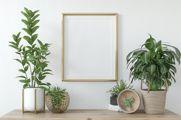 Horizontal poster mockup with golden metal frame standing on wooden table and decorated with green plants in basket on empty white wall background. 3D rendering illustration.