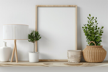 Horizontal poster mockup with blank wooden frame in white interior with shelf basket lamp and green plant in pot on empty wall background. 3D rendering illustration