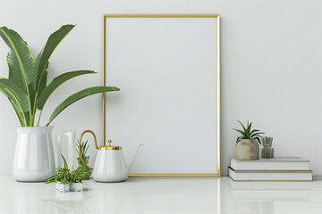 Horizontal poster mockup with golden metal frame standing on wooden table and decorated with green plants in basket on empty white wall background. 3D rendering illustration. - Powered by Adobe