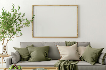 Horizontal poster mockup with wooden frame eucalyptus branches in vase and brass candle holders on empty white wall background. Minimalist Christmas interior decoration. 3d rendering illustration.