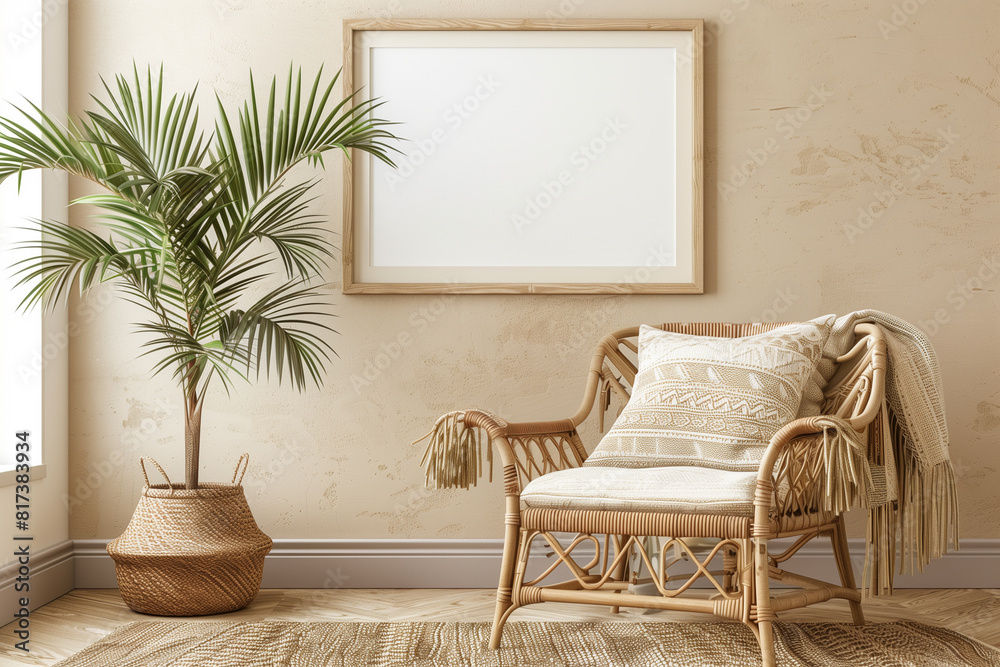 Sticker Horizontal wooden frame mockup in warm neutral beige room interior with wicker armchair boho pillow palm plant in woven basket and jute rug with tassels. Illustration 3d rendering - Stickers