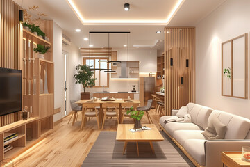 Interior design of modern scandinavian apartment living room 3d rendering