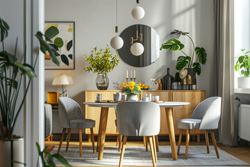 Interior design of modern scandinavian dining room with cupboard. Created with generative AI