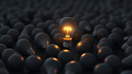 Obraz premium One of Lightbulb glowing among shutdown light bulb in dark area with copy space for creative thinking , problem solving solution and outstanding concept