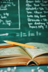 open books and pencil on desk with green chalkboard background, mathematical formulas