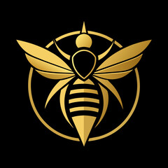 black Golden Aura Unique regal golden roaring Bee, front view, circle Logo Vector Radiating Luxury and Refinement