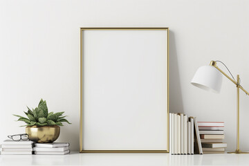 Interior poster mockup with vertical gold metal frame on the shelf with green tree branch in vase and desk lamp on empty white wall background. A4 A3 size format. 3D rendering illustration.