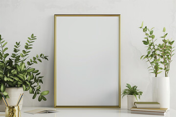 Interior poster mockup with vertical gold metal frame on the shelf with green tree branch in vase and desk lamp on empty white wall background. A4 A3 size format. 3D rendering illustration.