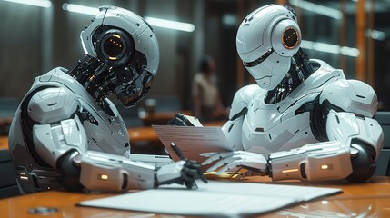 Fototapeta premium Working together, Robot and human in an office setting, the robot taking notes or managing emails during a meeting. surrealistic Illustration image,