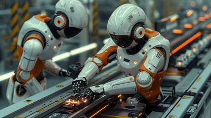 Fototapeta premium Working together, Robot and a human working together on an assembly line in a factory. surrealistic Illustration image,