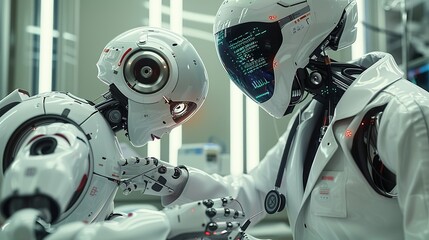 Fototapeta premium Working together, Robot assisting a doctor in a hospital setting, handing over medical instruments. surrealistic Illustration image,