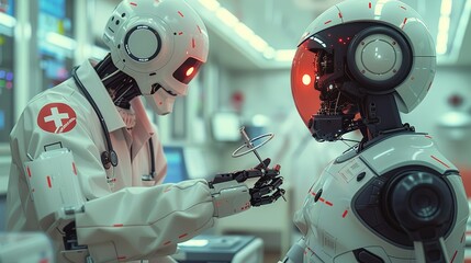 Fototapeta premium Working together, Robot assisting a doctor in a hospital setting, handing over medical instruments. surrealistic Illustration image,