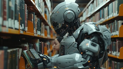Working together, Robot helping a researcher in a library, finding and sorting books. surrealistic Illustration image,