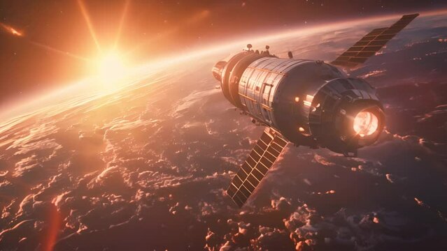 A digitally rendered image of a satellite orbiting Earth, capturing the moment when the satellite is illuminated by the sunrise at the edge of space.