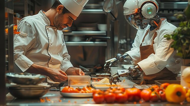 Working together, Robot working alongside a chef in a kitchen, preparing ingredients. surrealistic Illustration image,