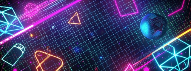 A retro, 80s-inspired background with neon grids and geometric shapes.