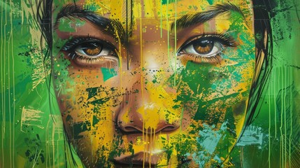 Green eyes graffiti on a weathered wall