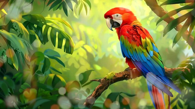 Parrot on branch with vivid feathers. Anime or digital painting style, looping 4k video animation background