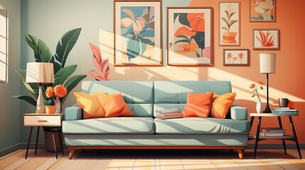 Basement background flat design front view cozy family lounge theme water color colored pastel
