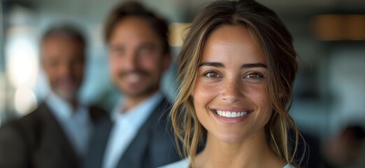 Obraz premium Three professional business colleagues smiling in a modern office setting