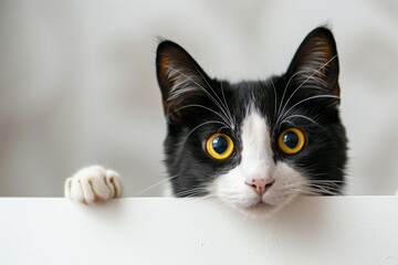 Black and white cat with yellow eyes peeking from behind a corner