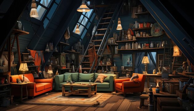 Basement background flat design top view rustic man cave theme water color Triadic Color Scheme