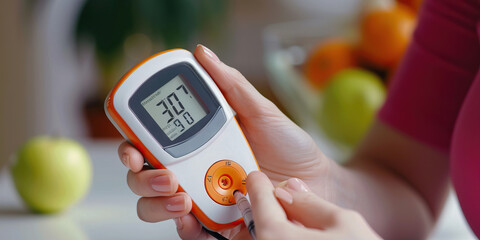 Diabetes medication a diabetic checks their blood sugar levels on handheld blood machine.
