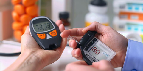 Diabetes medication a diabetic checks their blood sugar levels on handheld blood machine.