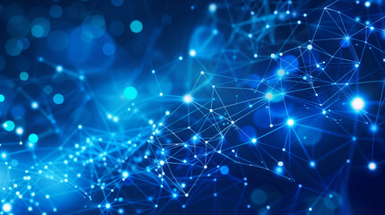A blue background filled with a complex network of interconnected dots and lines, representing a technological or digital concept. 