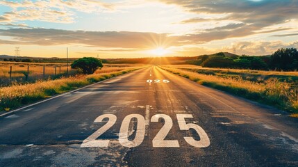 straight forward road trip travel, a letter of "2025" on the road and future vision concept