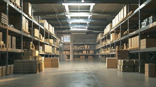 Storage of boxes inside a semi automated industrial warehouse, stock of merchandise on shelves and racks 