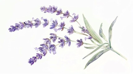 A calming watercolor depiction of a single lavender sprig, with soft purple hues on a white background